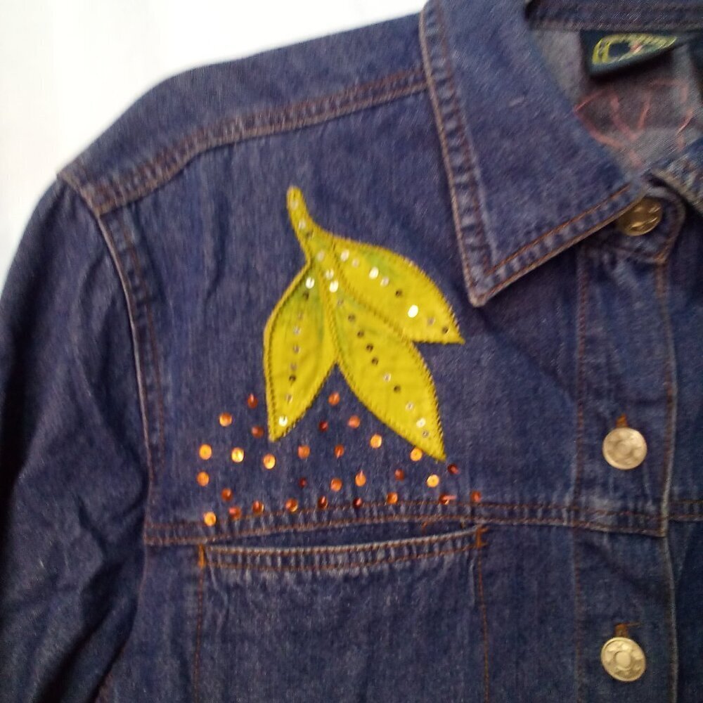 Lighthouse Apparel Jacket Women M Denim Flower Patches Sequins Button Up - Picture 8 of 15